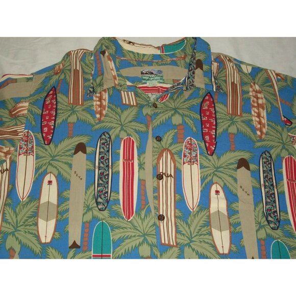 Reyn Spooner Mens Green Hawaiian Shirt Palms Surfboards Blue Size XL - Picture 5 of 7